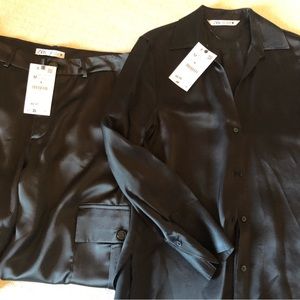 ZARA Satin Effect BLACK CARGO PANTS and BLACK Satin Effect Blouse NWT! Sz Medium